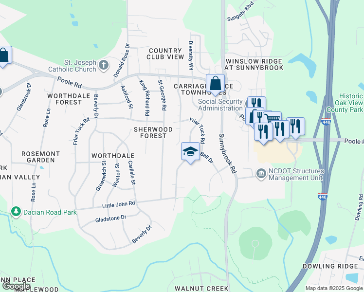 map of restaurants, bars, coffee shops, grocery stores, and more near 841 Rawls Drive in Raleigh
