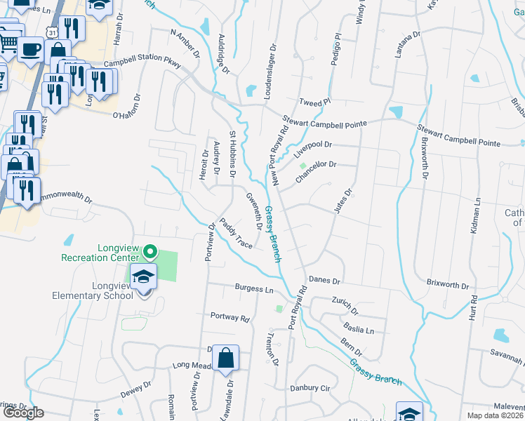 map of restaurants, bars, coffee shops, grocery stores, and more near 2015 Gweneth Drive in Spring Hill