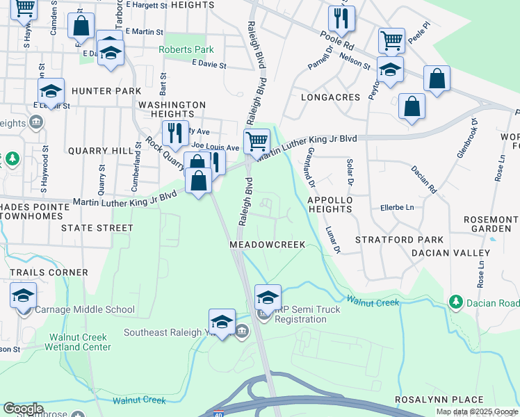 map of restaurants, bars, coffee shops, grocery stores, and more near 1601 Royal Pines Drive in Raleigh