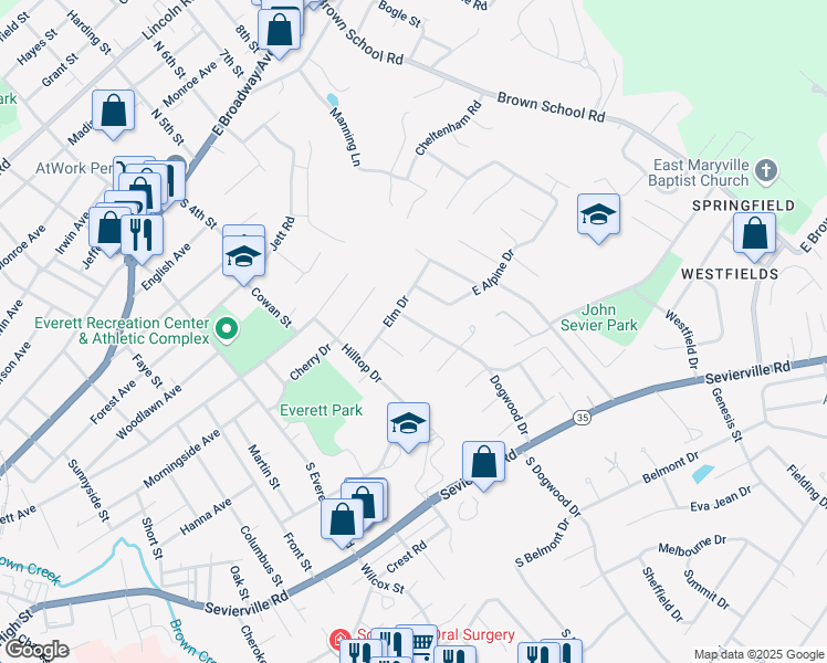 map of restaurants, bars, coffee shops, grocery stores, and more near 411 Dogwood Drive in Maryville