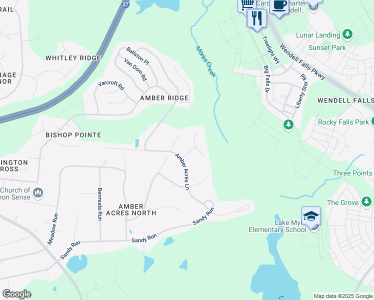 map of restaurants, bars, coffee shops, grocery stores, and more near 5709 Hatch Street in Knightdale