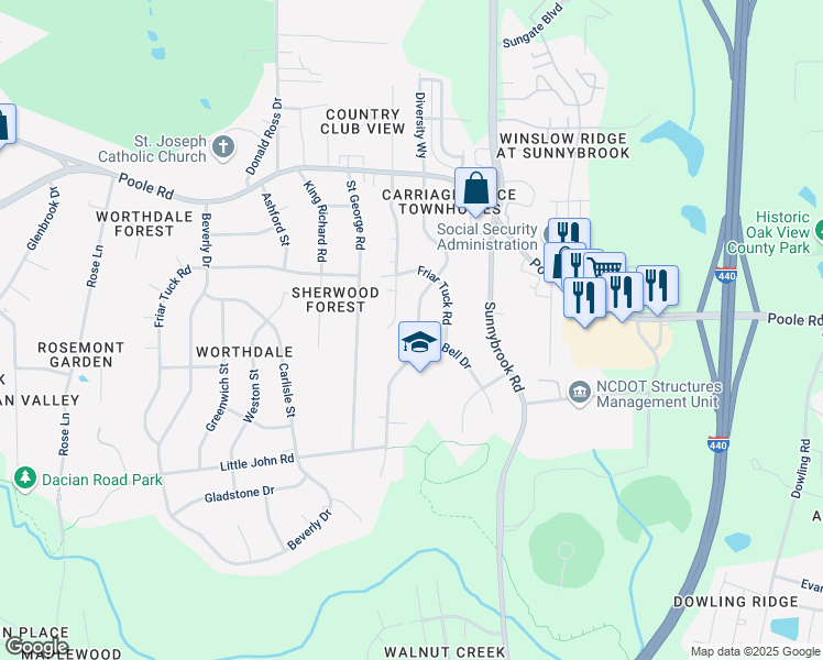 map of restaurants, bars, coffee shops, grocery stores, and more near 728 Cooper Road in Raleigh