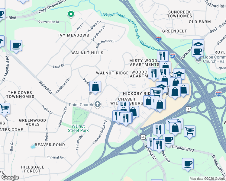 map of restaurants, bars, coffee shops, grocery stores, and more near 1111 Nottingham Circle in Cary