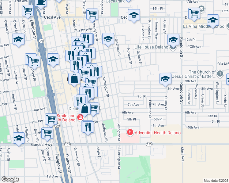 map of restaurants, bars, coffee shops, grocery stores, and more near 807 Lexington Street in Delano