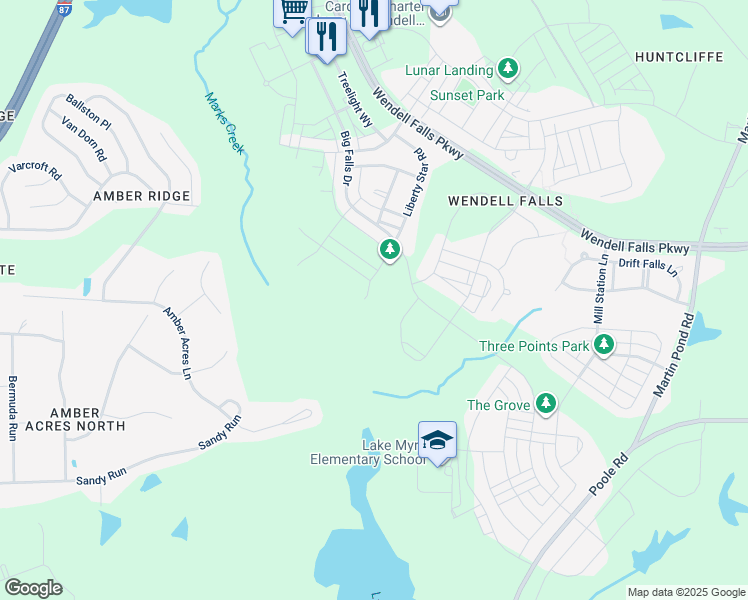 map of restaurants, bars, coffee shops, grocery stores, and more near 513 Liberty Star Road in Wendell