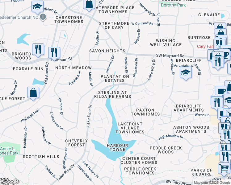 map of restaurants, bars, coffee shops, grocery stores, and more near 126 Sterlingdaire Drive in Cary