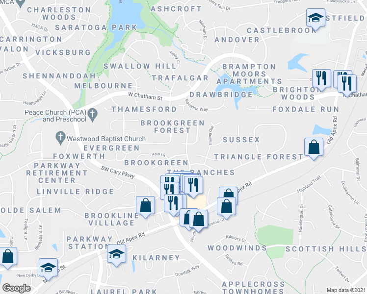 map of restaurants, bars, coffee shops, grocery stores, and more near 101 Amberglow Place in Cary