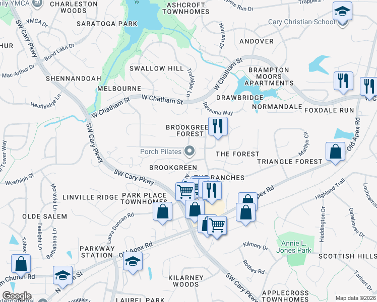 map of restaurants, bars, coffee shops, grocery stores, and more near 109 Sarabande Dr in Cary