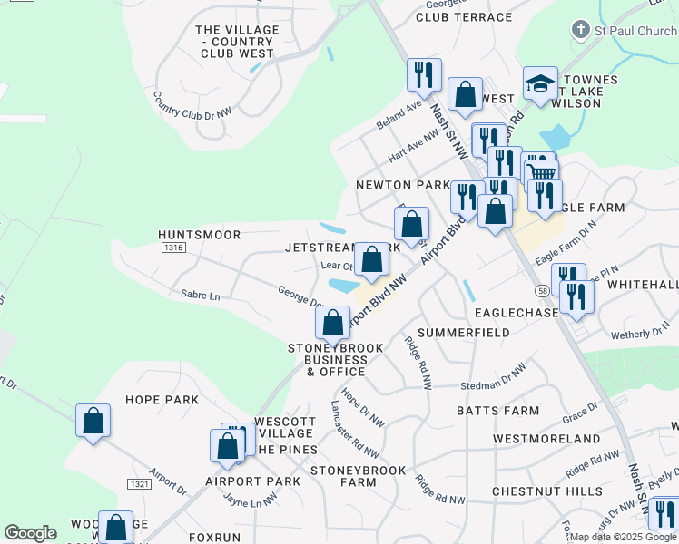 map of restaurants, bars, coffee shops, grocery stores, and more near 3721 Lear Court Northwest in Wilson