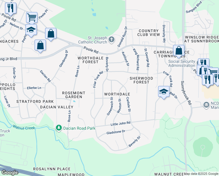 map of restaurants, bars, coffee shops, grocery stores, and more near 812 Greenwich Street in Raleigh