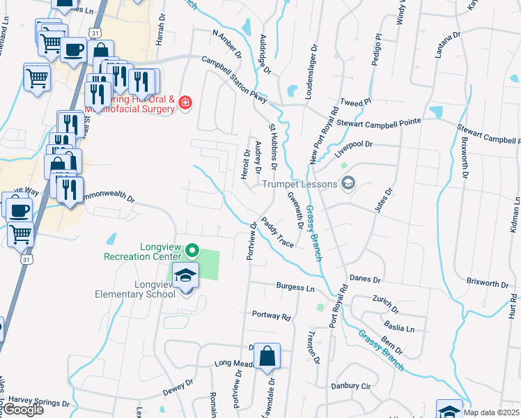 map of restaurants, bars, coffee shops, grocery stores, and more near 1046 Saint Hubbins Drive in Spring Hill