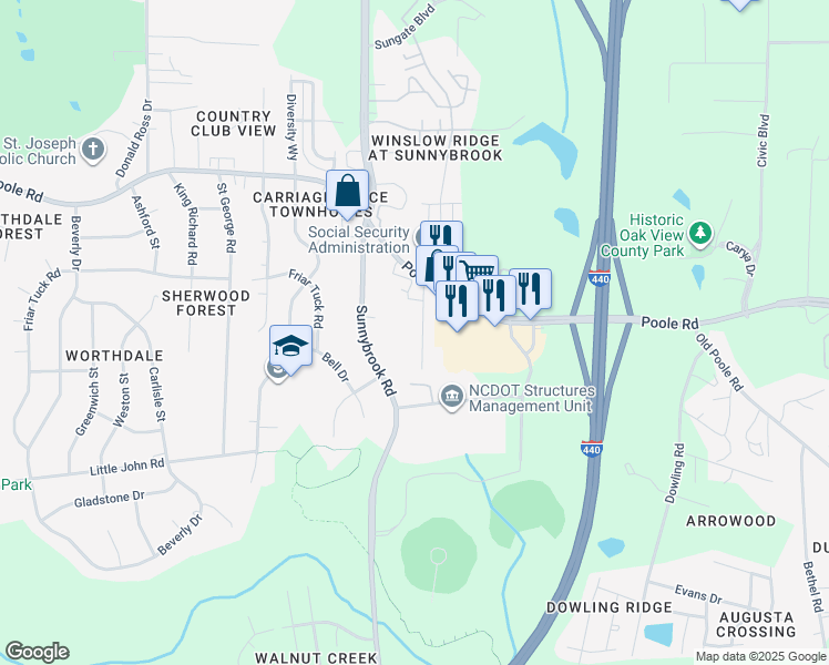 map of restaurants, bars, coffee shops, grocery stores, and more near 912 Williams Road in Raleigh