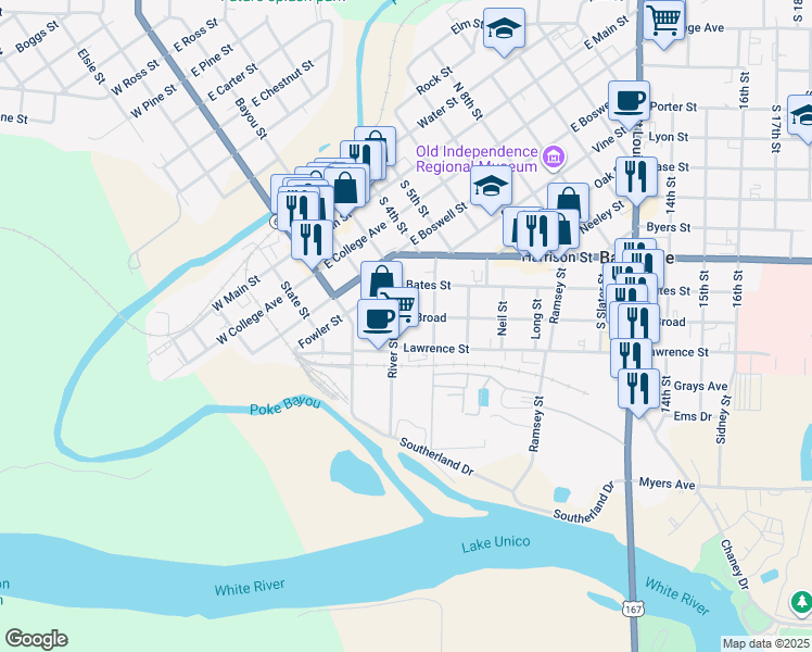 map of restaurants, bars, coffee shops, grocery stores, and more near 406 South Broad in Batesville
