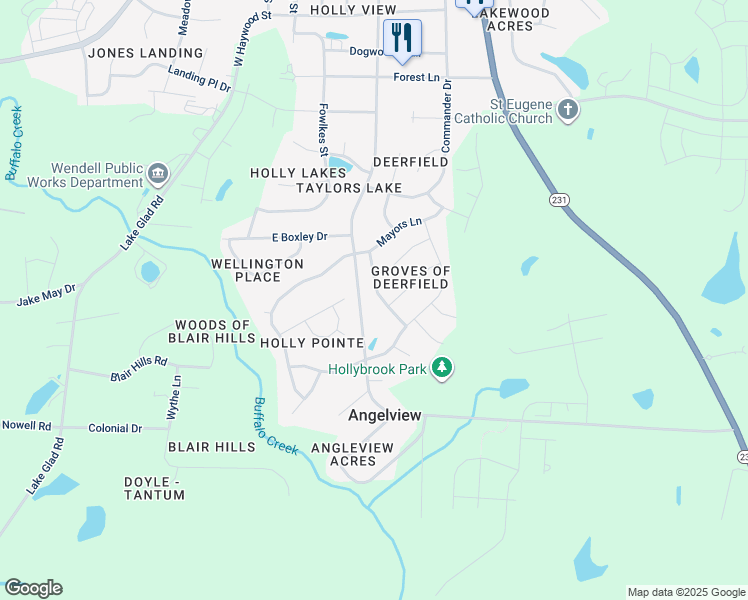 map of restaurants, bars, coffee shops, grocery stores, and more near 936 Sandyhill Road in Wendell
