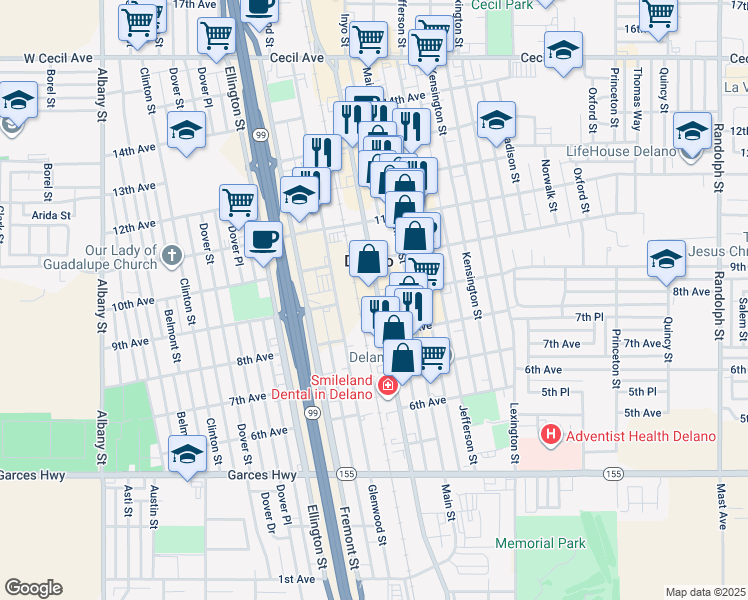 map of restaurants, bars, coffee shops, grocery stores, and more near 889 High Street in Delano