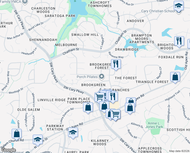 map of restaurants, bars, coffee shops, grocery stores, and more near 117 Sarabande Drive in Cary