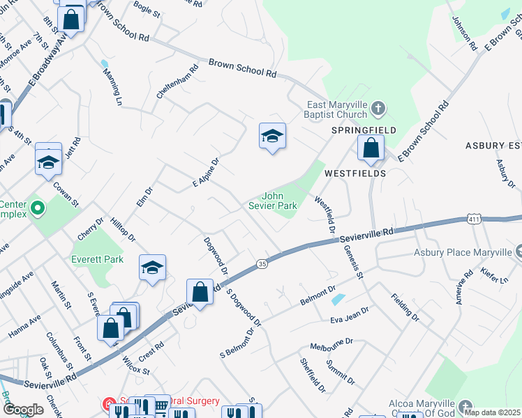 map of restaurants, bars, coffee shops, grocery stores, and more near 1916 Sequoyah Avenue in Maryville