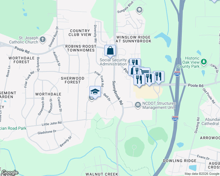 map of restaurants, bars, coffee shops, grocery stores, and more near 663 Sunnybrook Road in Raleigh