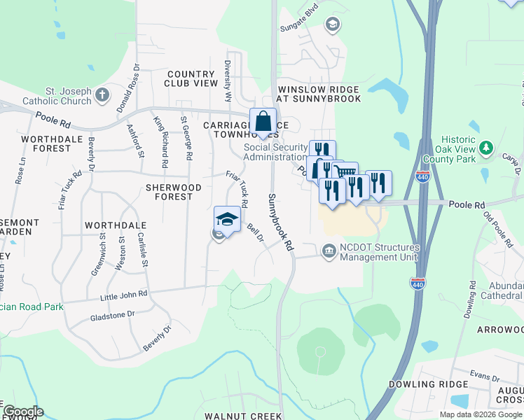map of restaurants, bars, coffee shops, grocery stores, and more near 663 Sunnybrook Road in Raleigh