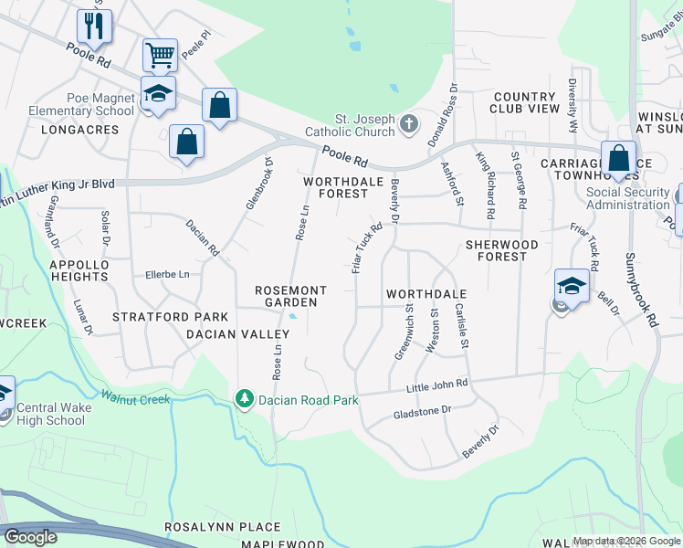 map of restaurants, bars, coffee shops, grocery stores, and more near 2604 Bradford Place in Raleigh