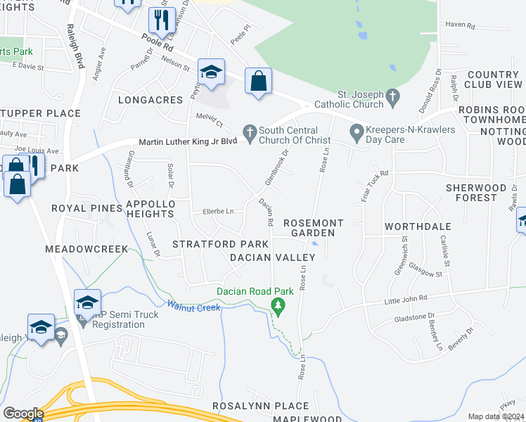 map of restaurants, bars, coffee shops, grocery stores, and more near 627 Glenbrook Drive in Raleigh