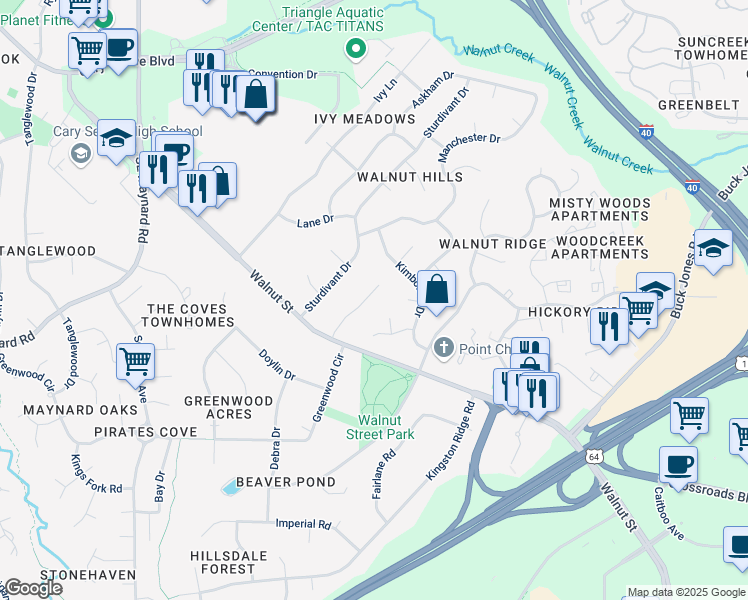 map of restaurants, bars, coffee shops, grocery stores, and more near 148 Glenpark Place in Cary