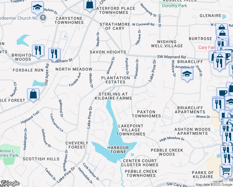 map of restaurants, bars, coffee shops, grocery stores, and more near 126 Sterlingdaire Drive in Cary