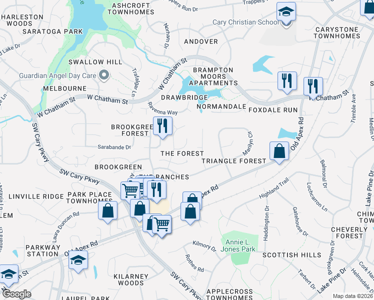 map of restaurants, bars, coffee shops, grocery stores, and more near 106 Mariposa Drive in Cary