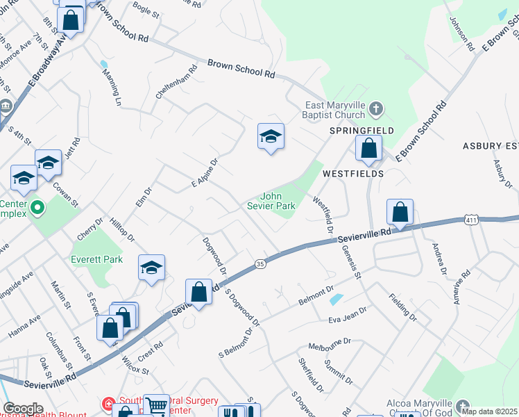 map of restaurants, bars, coffee shops, grocery stores, and more near 1916 Sequoyah Avenue in Maryville