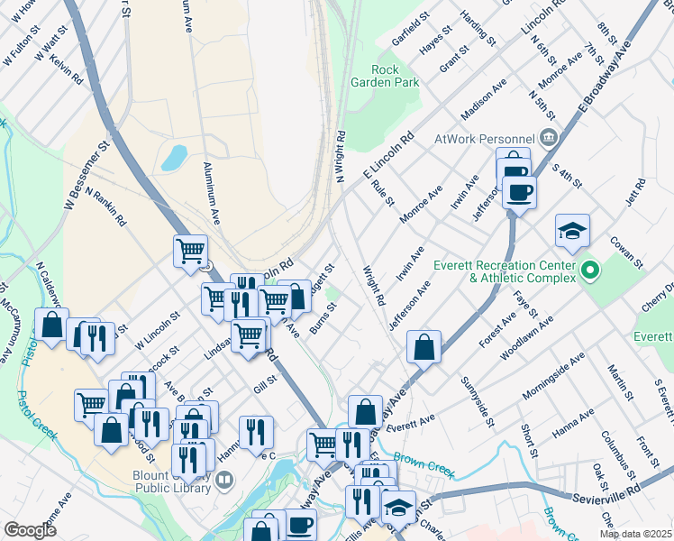 map of restaurants, bars, coffee shops, grocery stores, and more near 261 Burns Street in Alcoa