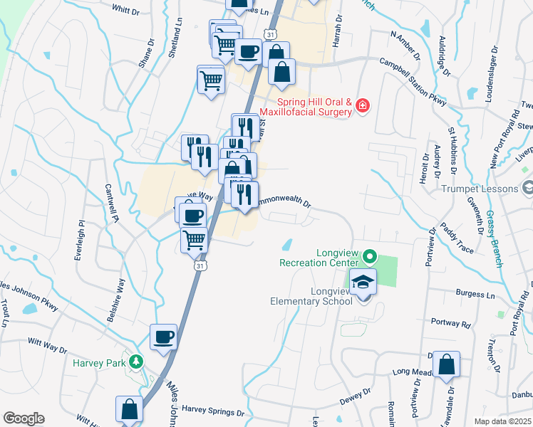 map of restaurants, bars, coffee shops, grocery stores, and more near 101 Padstone Pvt Lane in Spring Hill