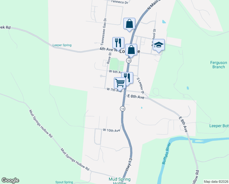 map of restaurants, bars, coffee shops, grocery stores, and more near 85 West 7th Avenue in Lobelville