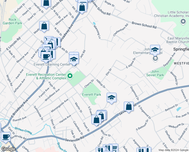 map of restaurants, bars, coffee shops, grocery stores, and more near 1601 Cherry Drive in Maryville