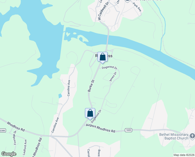 map of restaurants, bars, coffee shops, grocery stores, and more near 303 Burke Street in Hickory