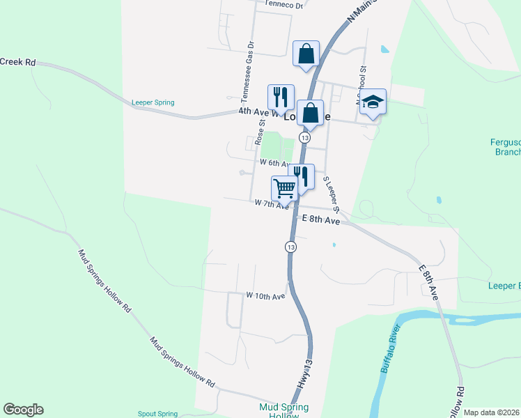 map of restaurants, bars, coffee shops, grocery stores, and more near 85 West 7th Avenue in Lobelville