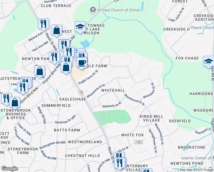 map of restaurants, bars, coffee shops, grocery stores, and more near 3528 Whetstone Place in Wilson