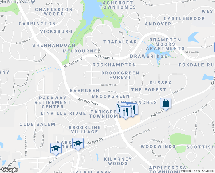 map of restaurants, bars, coffee shops, grocery stores, and more near 123 Sarabande Drive in Cary