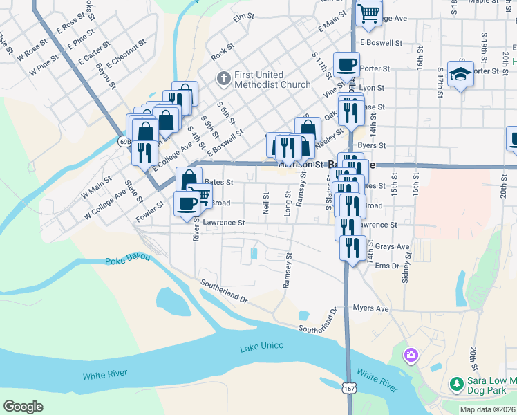 map of restaurants, bars, coffee shops, grocery stores, and more near 670 South Broad in Batesville