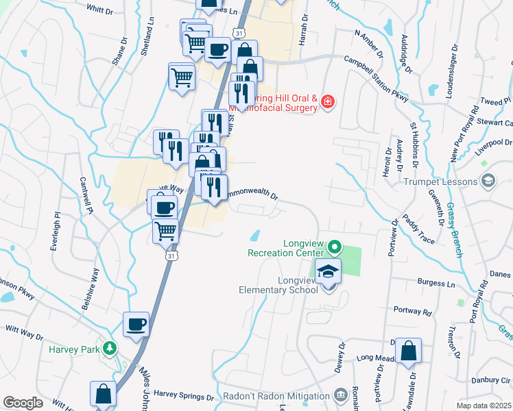 map of restaurants, bars, coffee shops, grocery stores, and more near 401 Oldbury Lane in Spring Hill