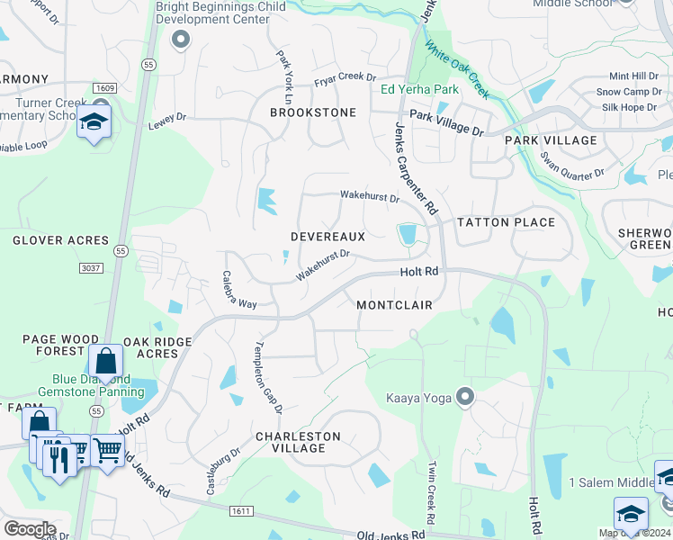 map of restaurants, bars, coffee shops, grocery stores, and more near 110 Whitehaven Lane in Cary