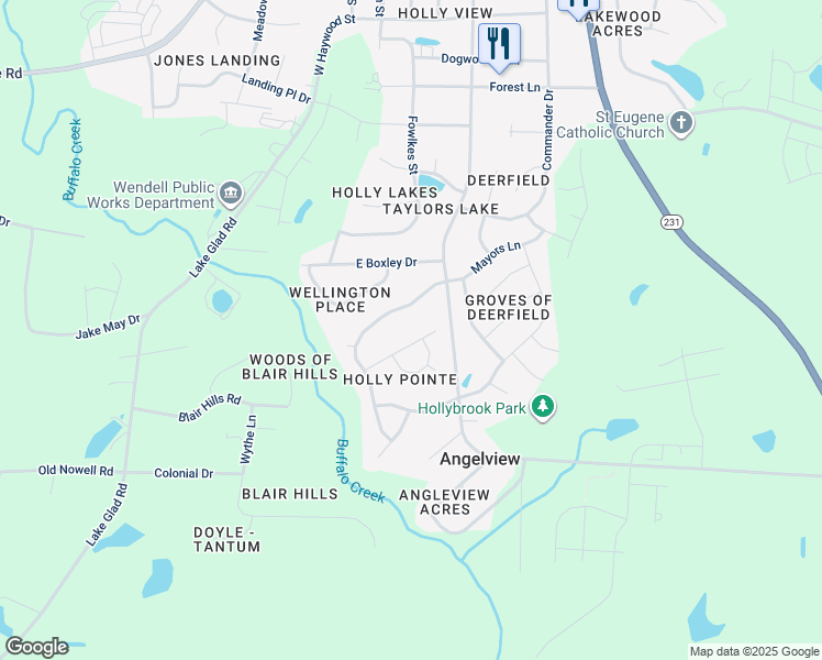 map of restaurants, bars, coffee shops, grocery stores, and more near 524 Yellow Berry Run in Wendell