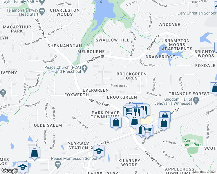 map of restaurants, bars, coffee shops, grocery stores, and more near 207 Sarabande Drive in Cary