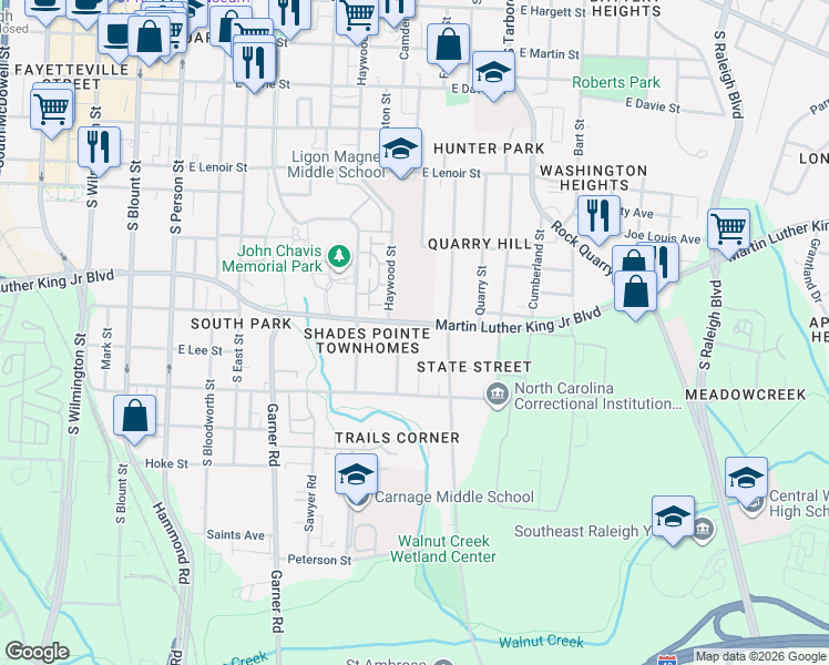 map of restaurants, bars, coffee shops, grocery stores, and more near 510 Martin Luther King Junior Boulevard in Raleigh