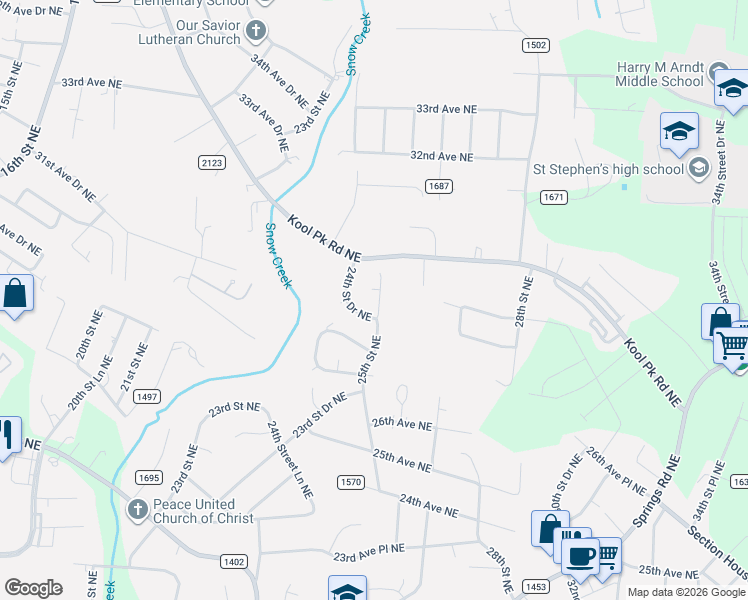 map of restaurants, bars, coffee shops, grocery stores, and more near 2820 25th Street Northeast in Hickory