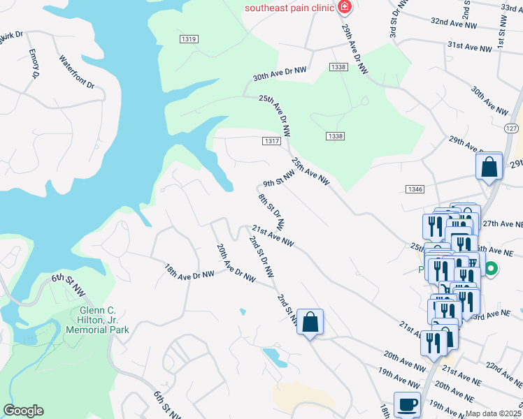 map of restaurants, bars, coffee shops, grocery stores, and more near 2121 8th Street Drive Northwest in Hickory