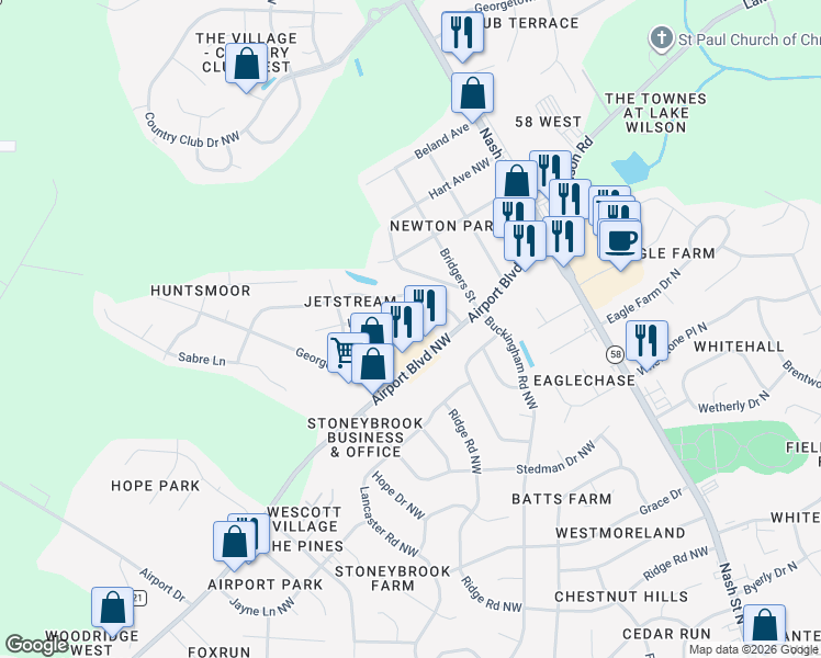 map of restaurants, bars, coffee shops, grocery stores, and more near 3709 Lear Court Northwest in Wilson