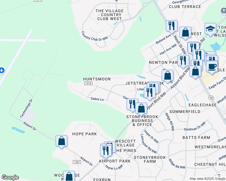 map of restaurants, bars, coffee shops, grocery stores, and more near 3825 Starship Lane Northwest in Wilson