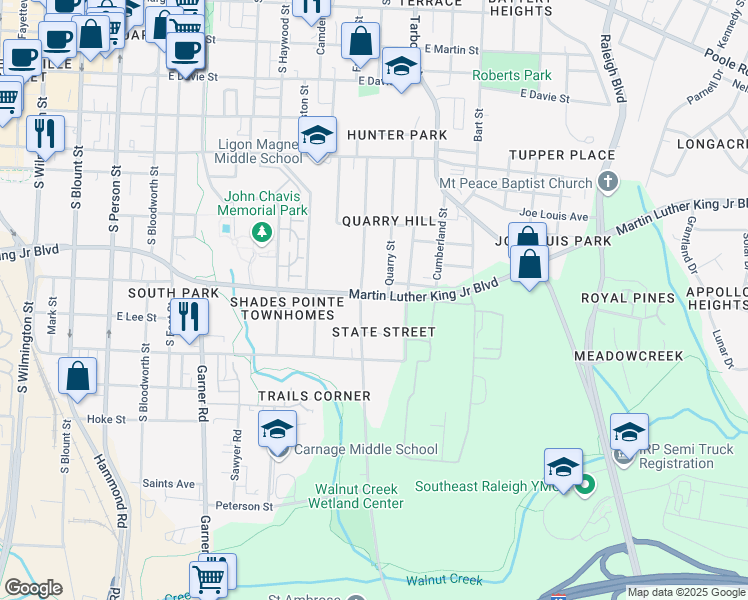 map of restaurants, bars, coffee shops, grocery stores, and more near 1105 South State Street in Raleigh
