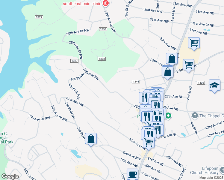 map of restaurants, bars, coffee shops, grocery stores, and more near 270 25th Avenue Northwest in Hickory