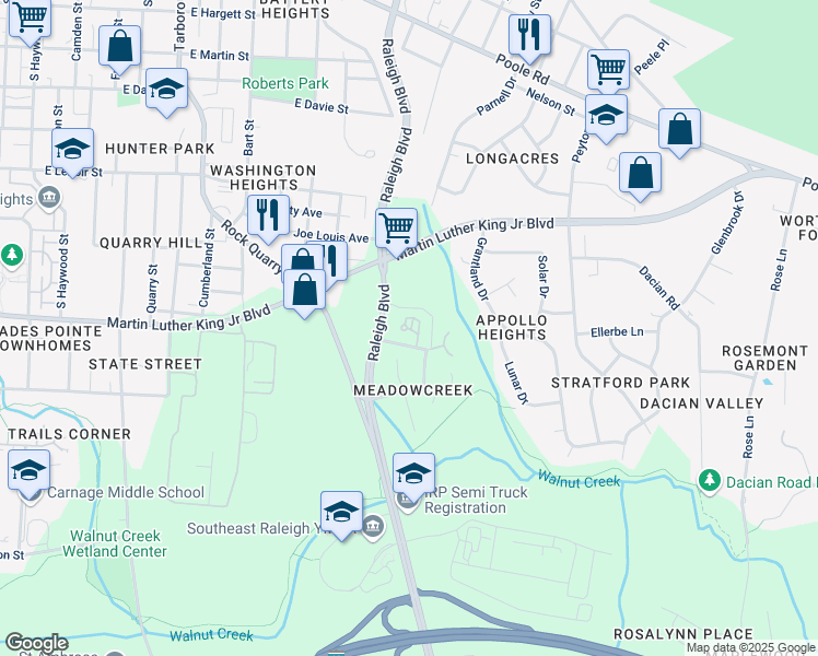 map of restaurants, bars, coffee shops, grocery stores, and more near 601 Raleigh Boulevard in Raleigh